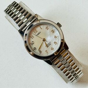 Timex Indiglo Essex Ave MOP Women's Silver Watch 6.5" MAX Stretch Band T2M826